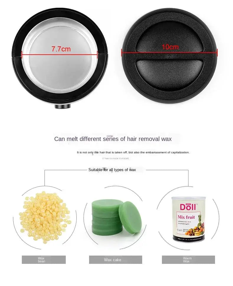 Wax heater for hair removal with 200ml capacity and metal pot; three wax types shown: beads, wax cake, warm wax.