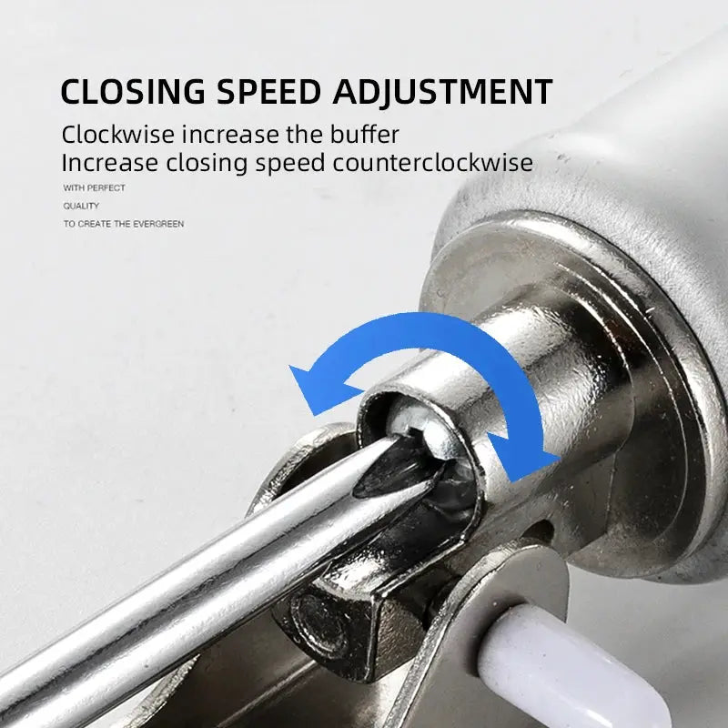 Automatic door closer hardware in a metal finish with a white buffer, close-up illustrating soft-close adjustment.