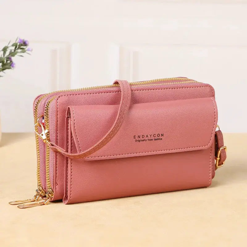 Crossbody bag ENDAYCON pink with double zippers and shoulder strap