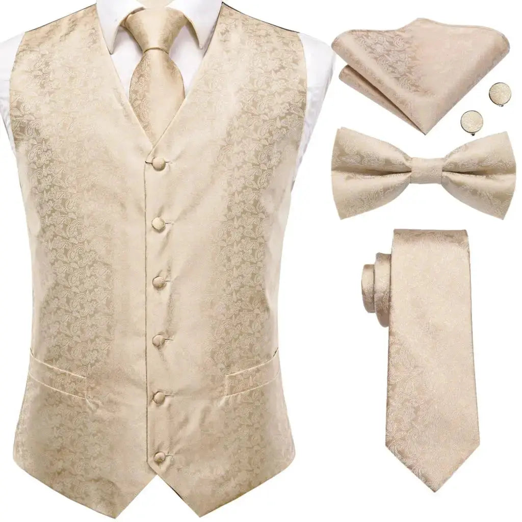 5-piece waistcoat set by Simples Market, gold-toned with matching tie, bow tie, pocket square and cufflinks
