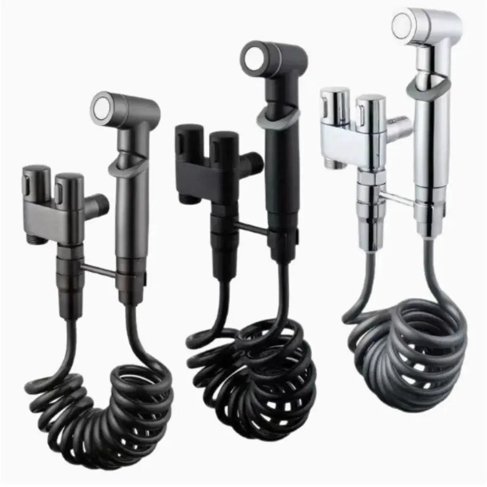 Simples Market toilet bidet spray set with four handheld sprayers in black and chrome, featuring coiled hoses.