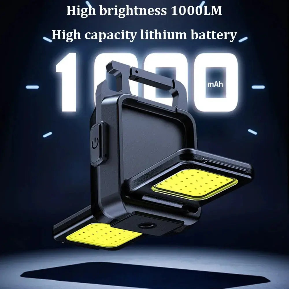 Simples Market mini flashlight keychain light with two 90° foldable COB panels, USB rechargeable portable black lantern