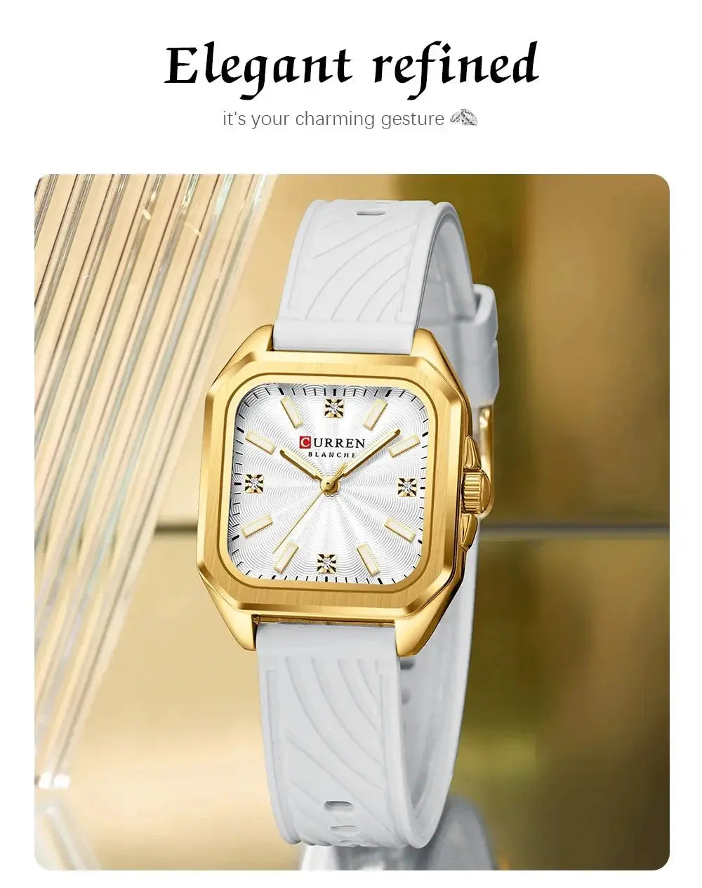 Curren ladies' square gold-tone watch with white dial and white silicone strap.