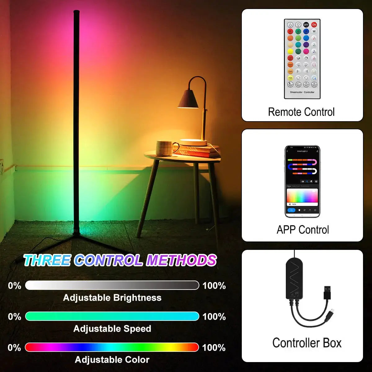160cm Smart Tuya corner floor lamp with dimmable RGB LED by Simples Market; remote, app, or controller control.