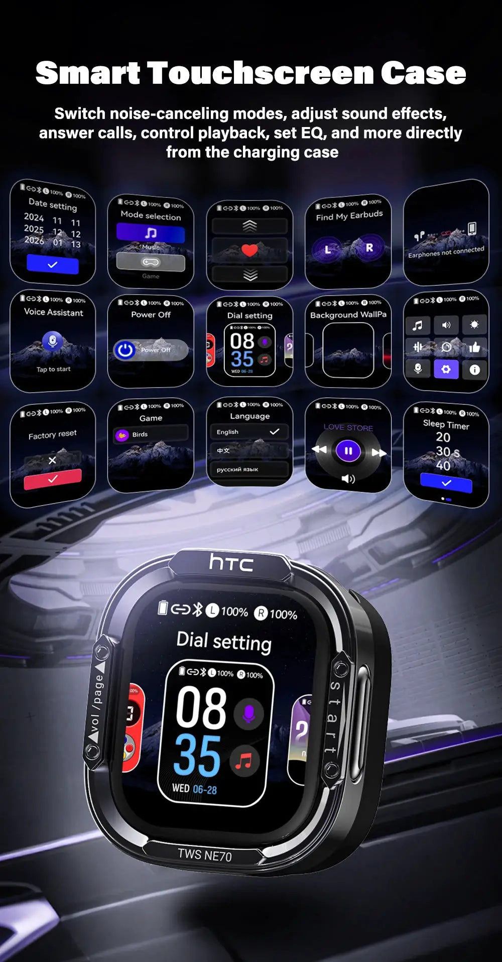 HTC NE70 smartwatch with smart touchscreen case; black metal bezel and colorful dial on display