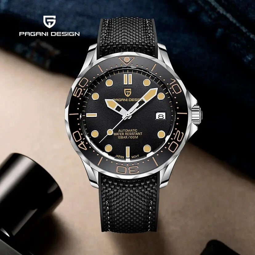 Pagani Design men's automatic watch with sapphire crystal, black dial, steel case, black strap, 100m water resistant
