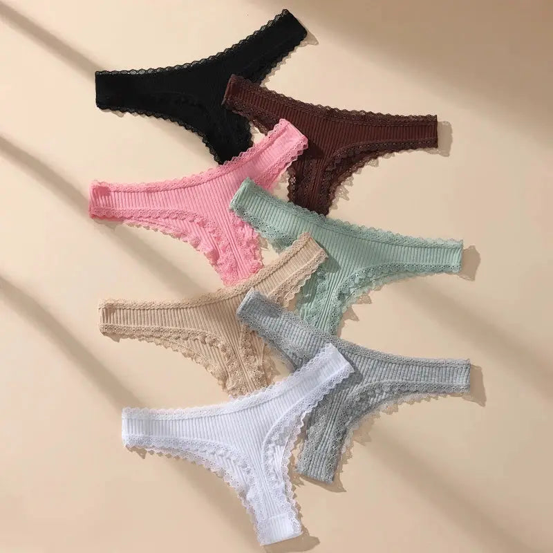 7-piece Simples Market women's thong panty set in assorted colors; cotton lace T-back underwear