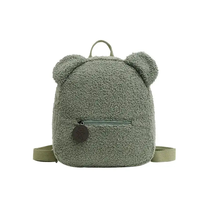 Cute bear-ear fleece kids' backpack, olive green small daypack with top handle and back zipper pocket