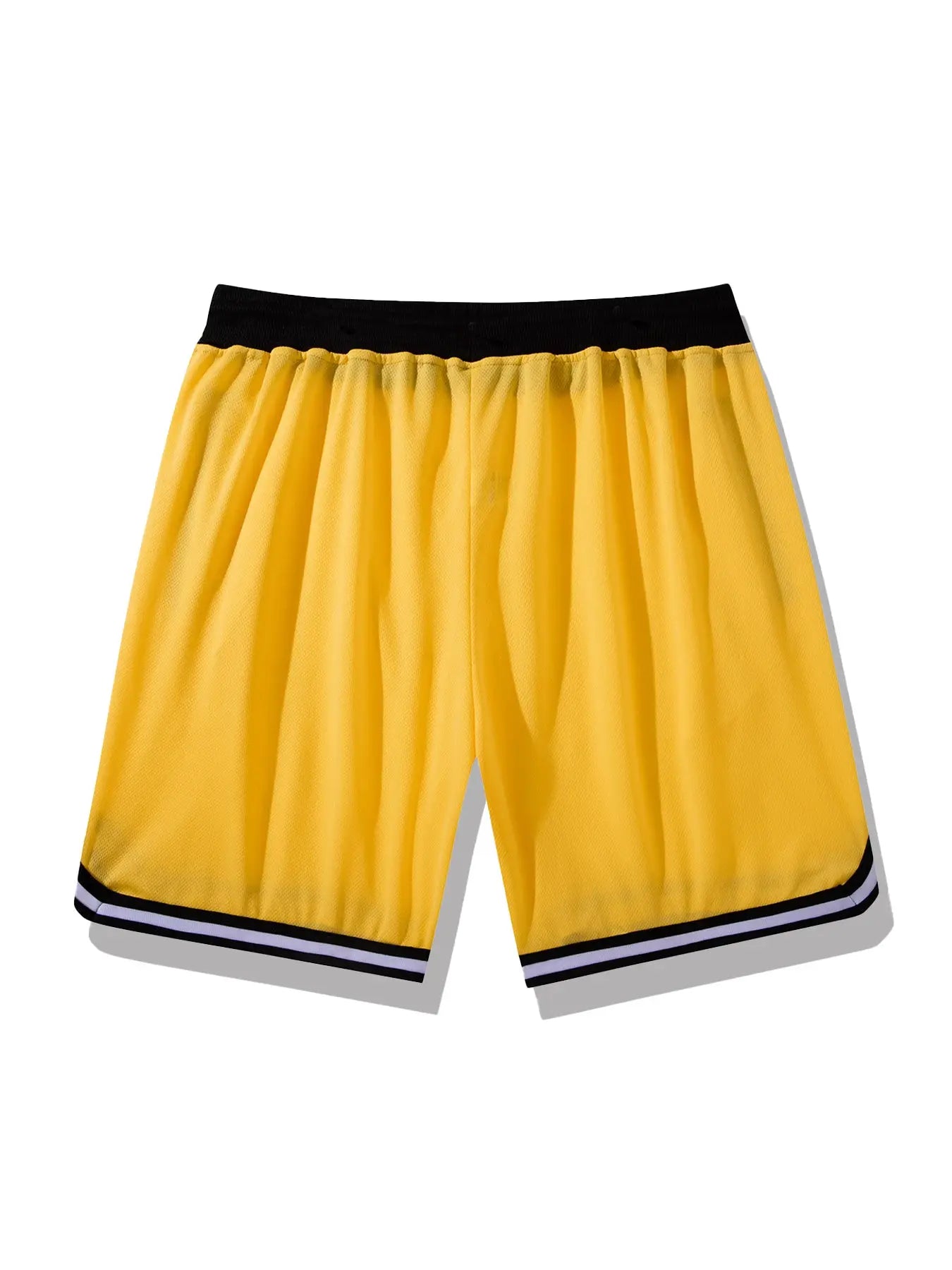 Simples Market men's yellow basketball shorts with black elastic waistband and white-trim hem.