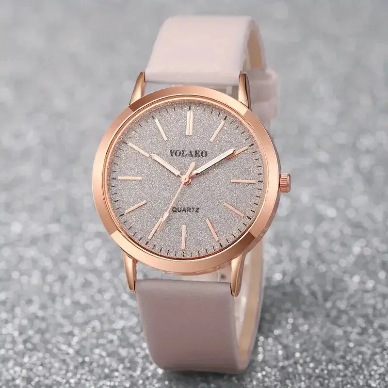 YOLAKO women's rose-gold leather quartz wristwatch with glitter silver dial and light pink strap