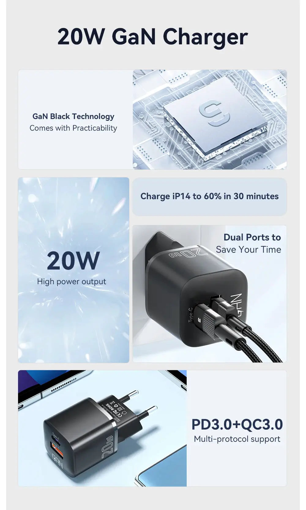 Essager 20W GaN USB-C charger by Simples Market, black dual-port PD 3.0/QC3.0 fast charger