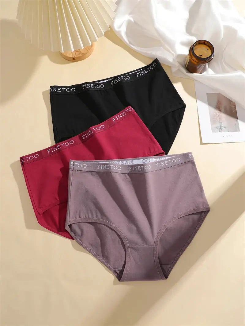 3-pack women's cotton high-waist panties with seamless Finetoo waistband in black, pink, and mauve