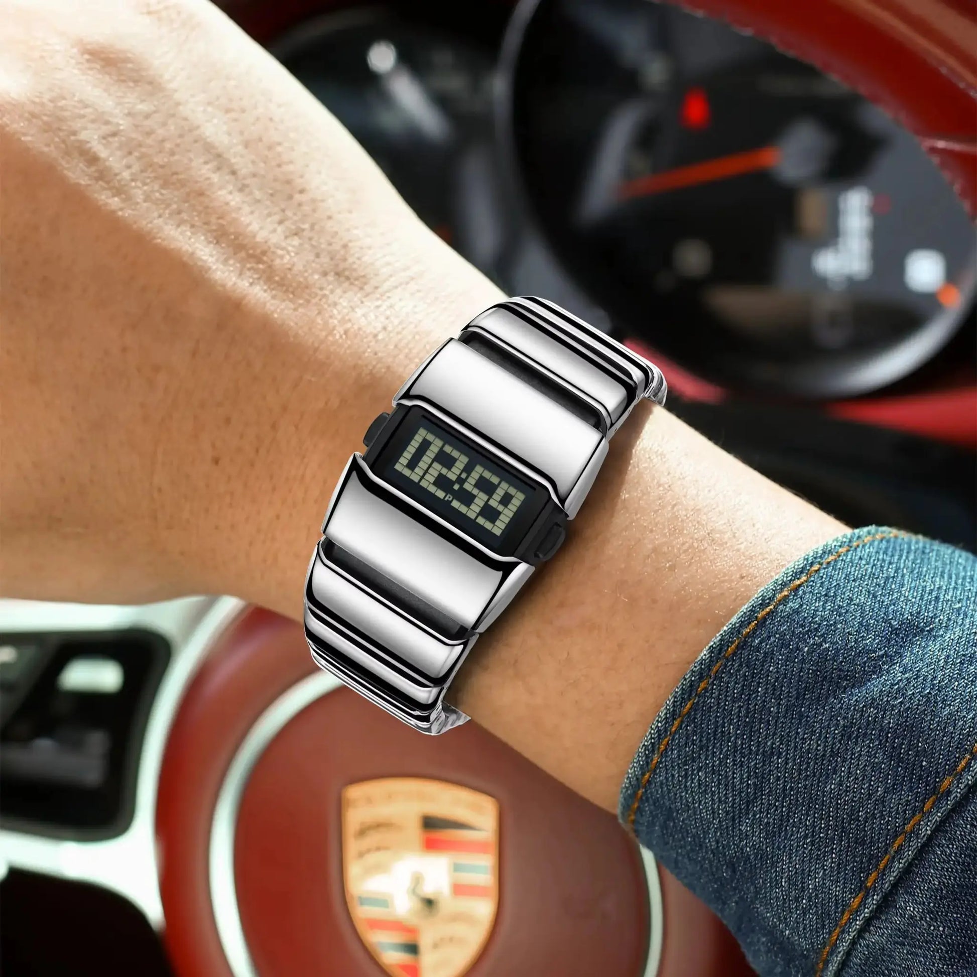 POEDAGAR digital LED men's watch with stainless steel band worn on the wrist