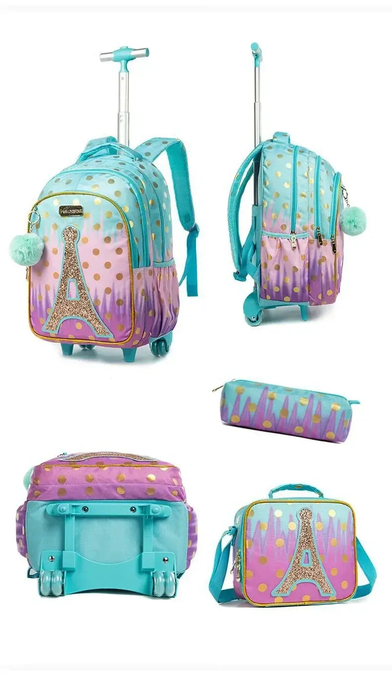 Children's wheeled backpack set by Simples Market; turquoise-purple gradient with gold polka dots (4-piece)