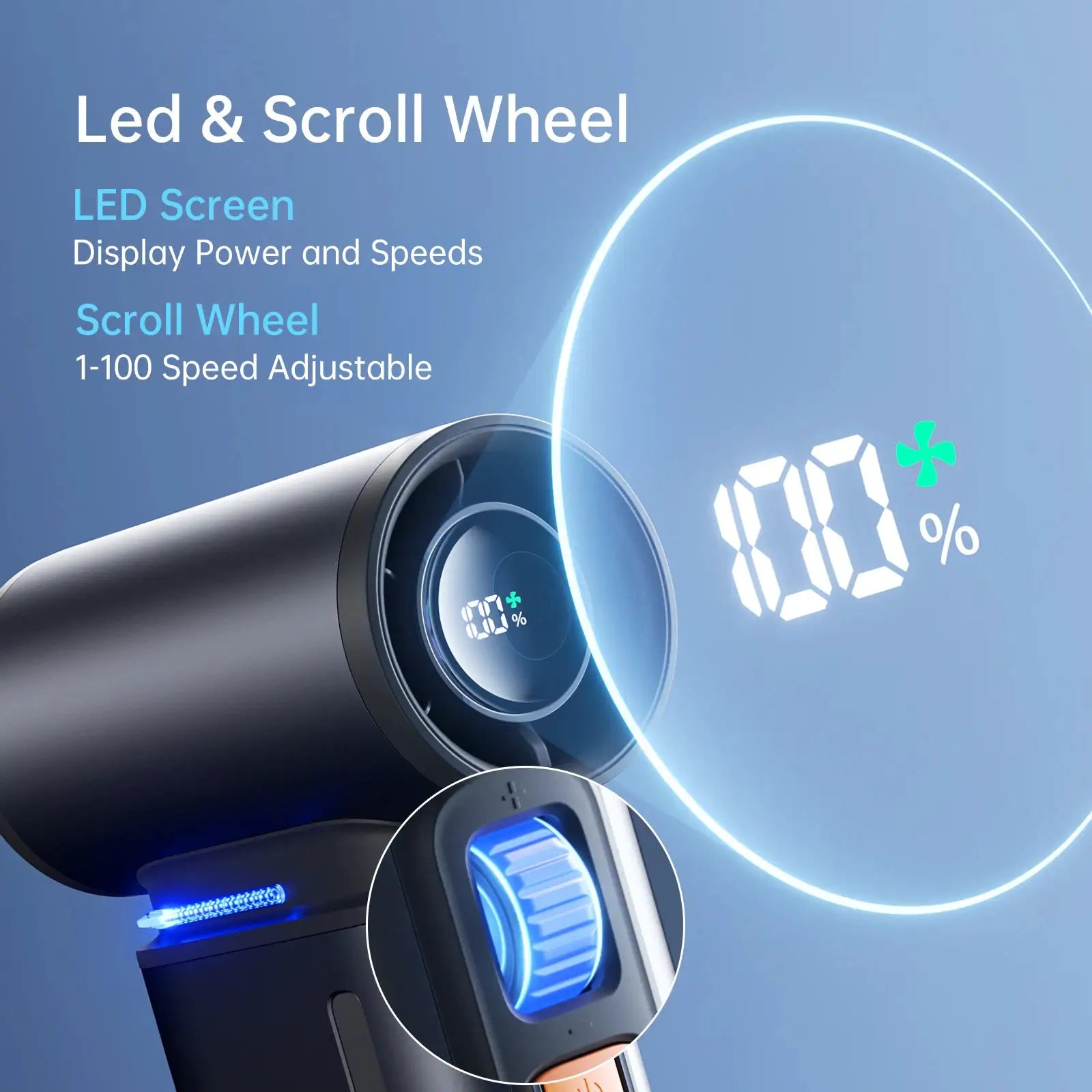 JISULIFE portable turbo handheld fan with LED display, 9000 mAh rechargeable battery, 1–100 speed levels