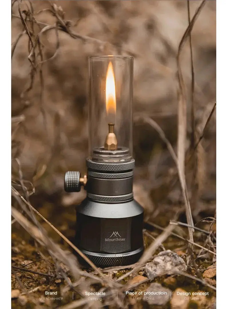Mounthiker outdoor gas lantern with black metal base and glass chimney