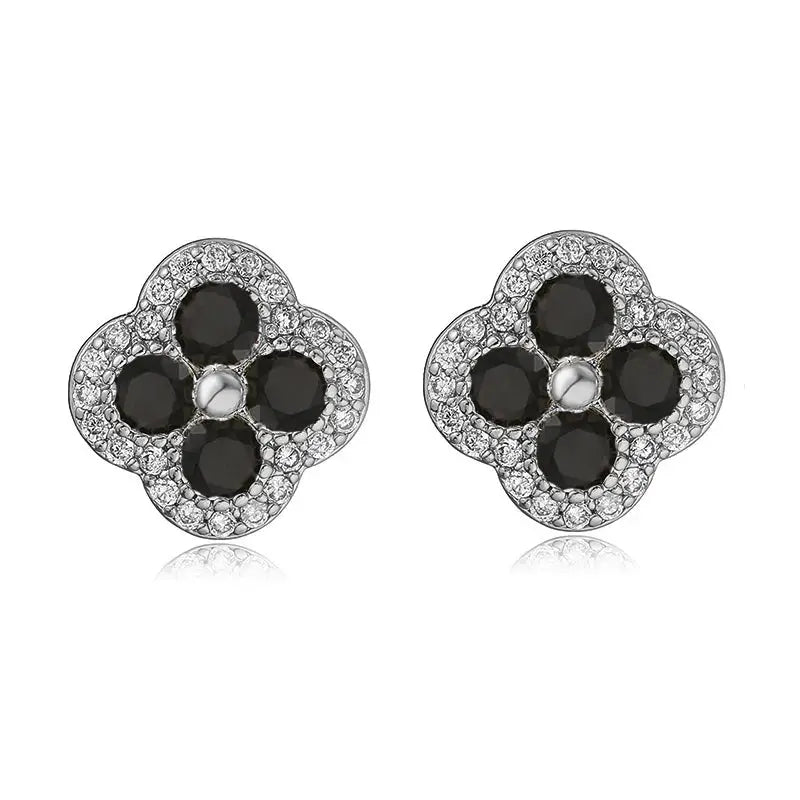 Flower-shaped earrings, silver-tone pair with four black CZ petals and pave clear stones