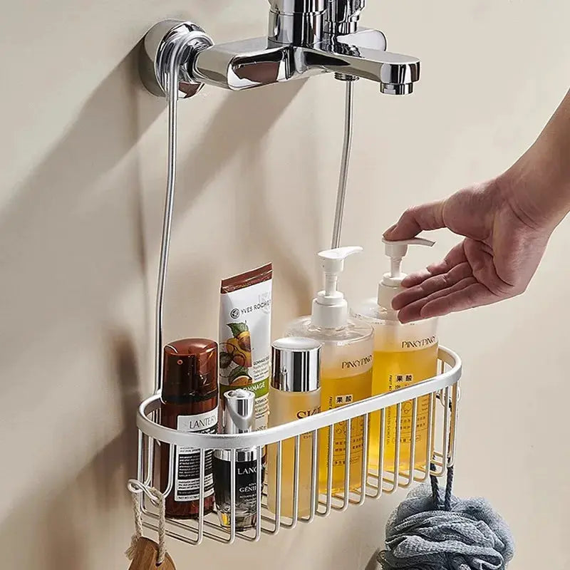 Shower caddy hanging organizer Simples Market, chrome with white rim, holds bottles