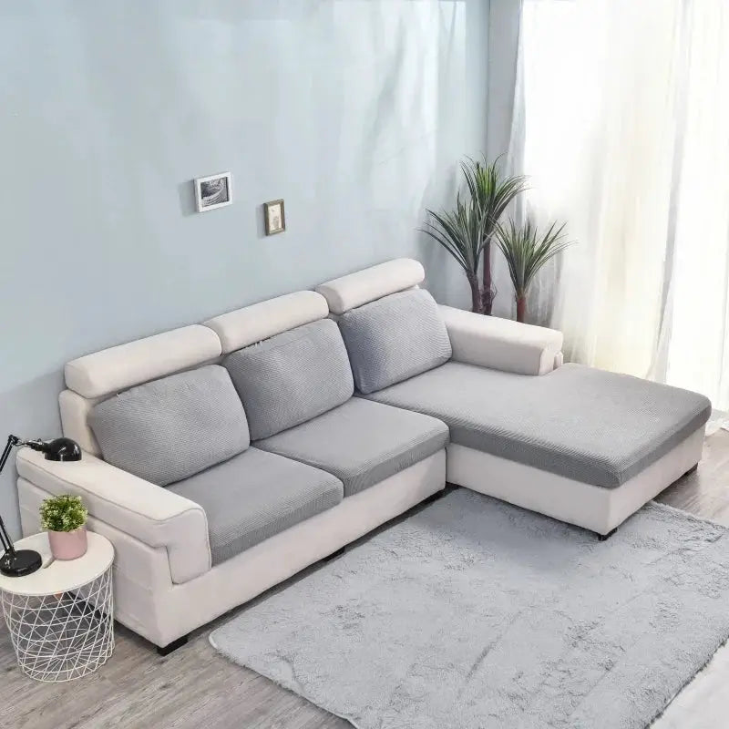 Simples Market polar fleece sofa seat cushion cover on a light gray sectional with beige frame