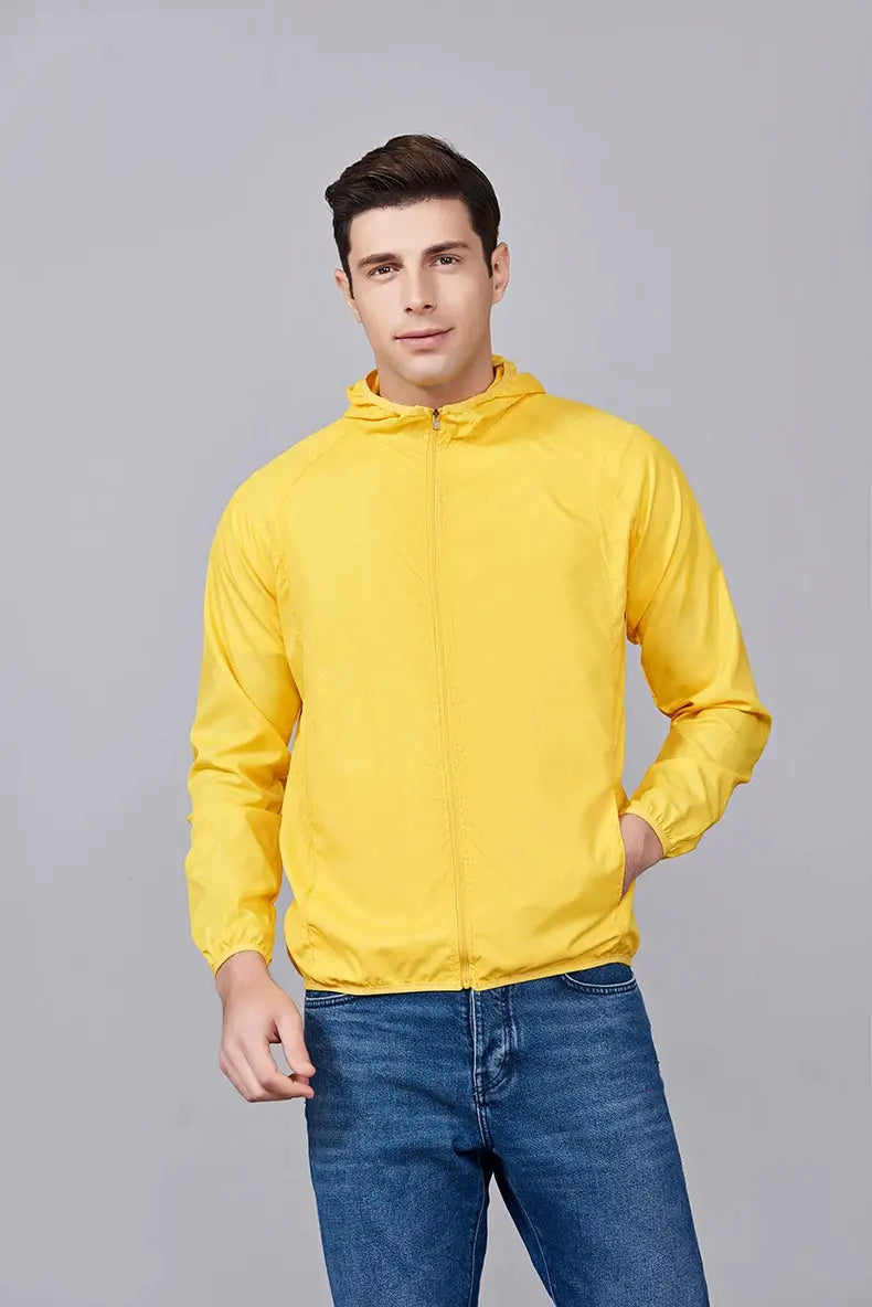 JNLN unisex hiking jacket, yellow hooded windbreaker with waterproof quick-dry fabric for outdoor trekking.