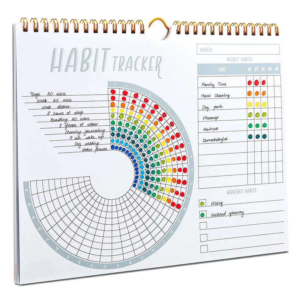 Habit Tracker Calendar journal by Simples Market with rainbow circular charts and 12-month undated planner