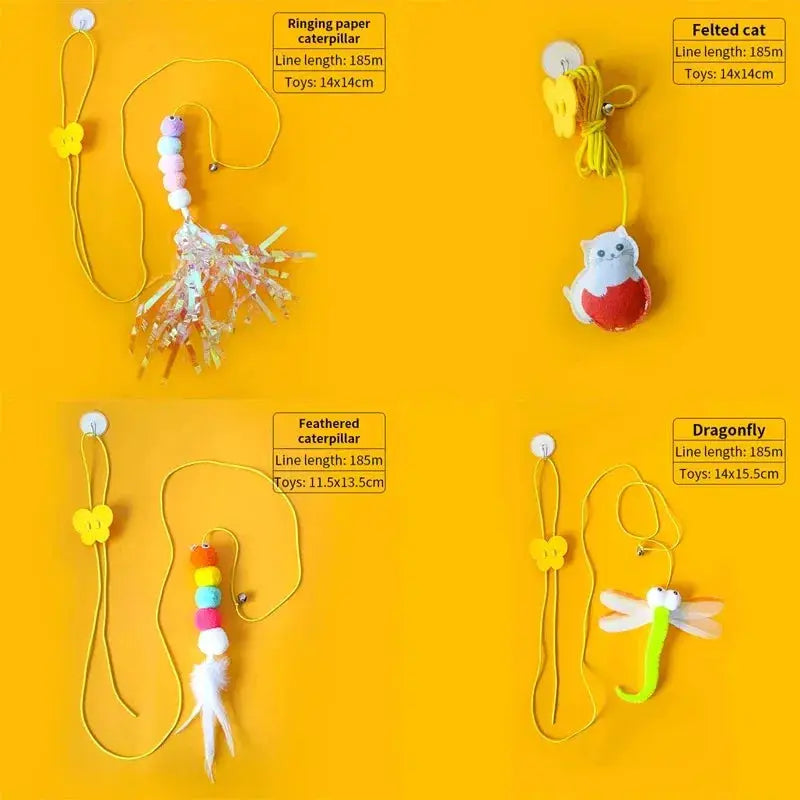 Feather Ball Caterpillar cat toy by Simples Market; set of 4 hanging rope toys on a yellow background.