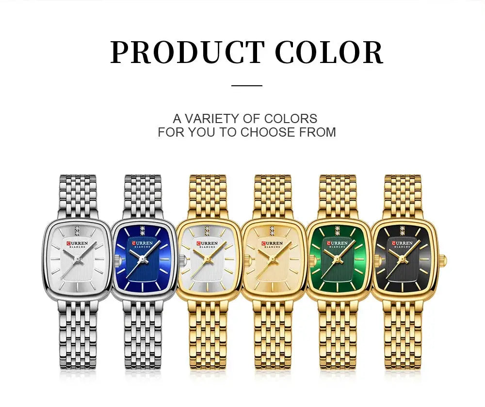 CURRN 9093 women's quartz watches with steel and gold link bracelets in silver, blue, white, gold, green, and black.