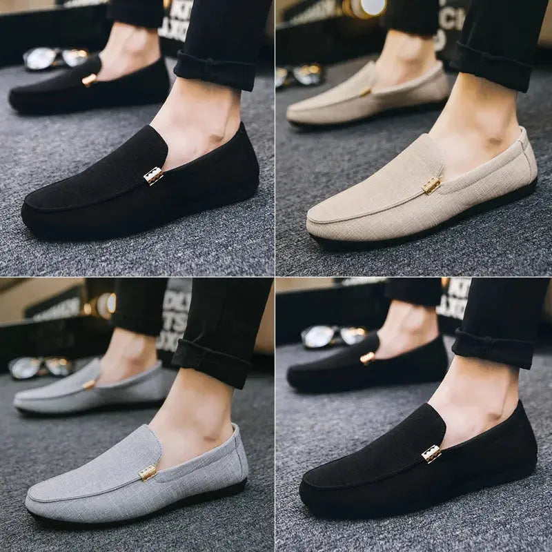 Men's canvas slip-on loafers in black, beige, and gray; four pairs shown