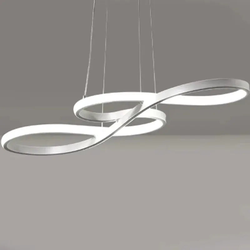 Modern pendant light by Simples Market: intertwined circular LED rings in silver, hanging kitchen island lamp.