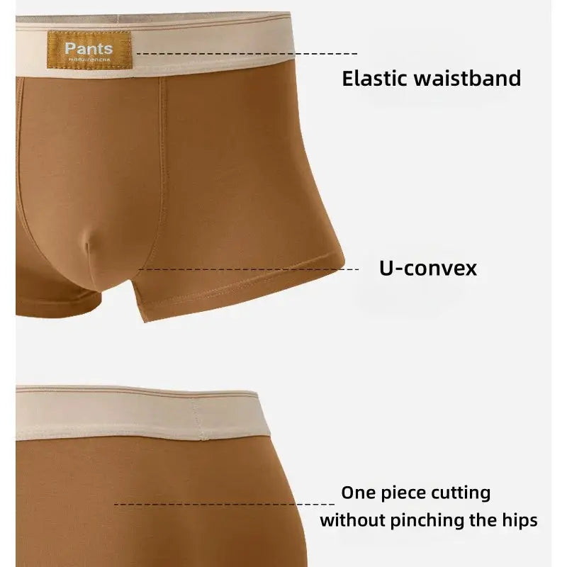 3-pack men's cotton boxer briefs in brown with beige elastic waistband, U-convex design.