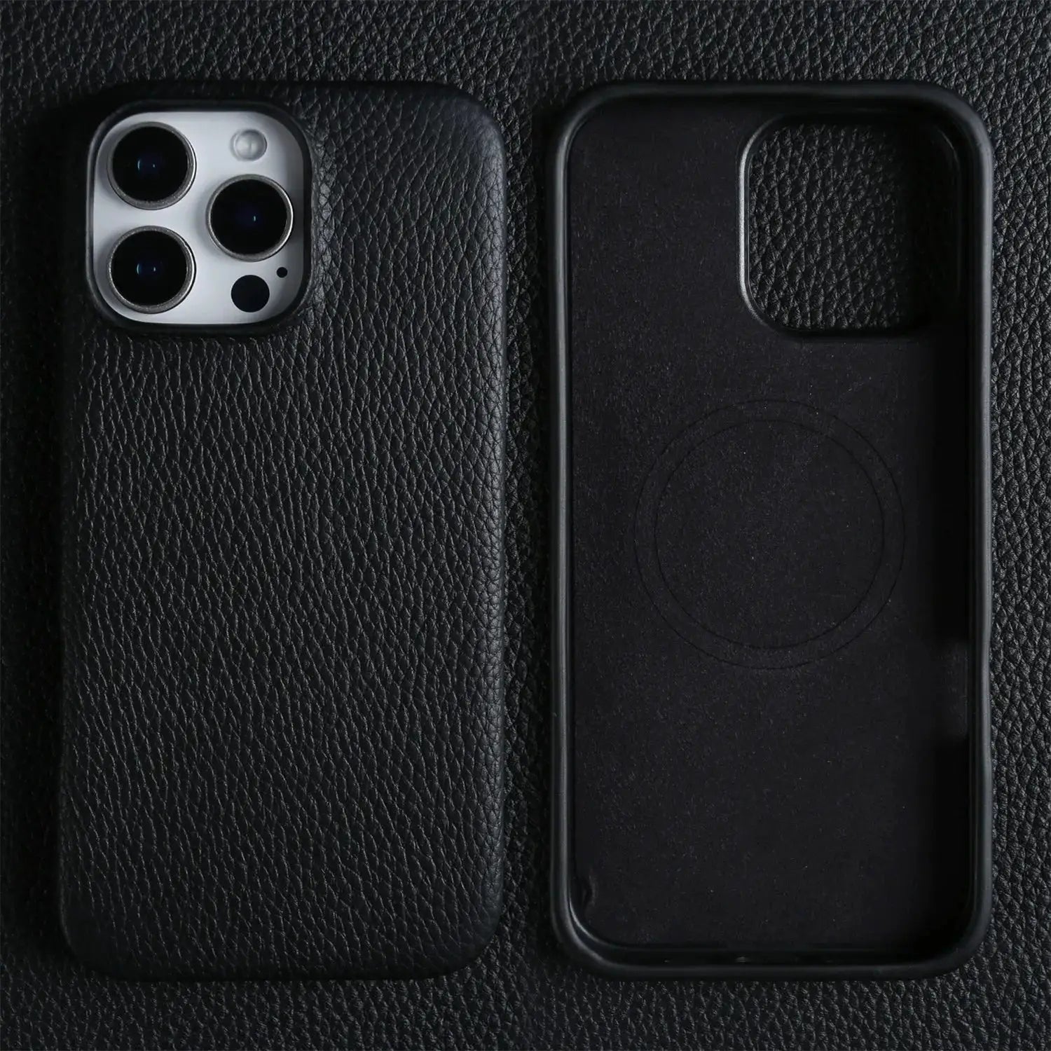 Two black genuine leather MagSafe iPhone cases by Simples Market, full-wrap back covers