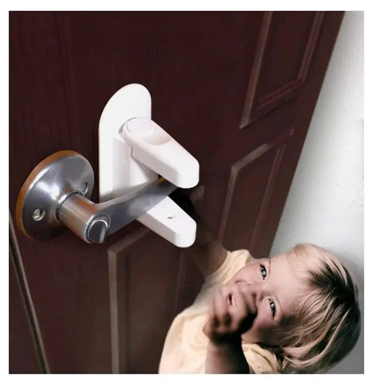 Universal door lever safety lock by Simples Market, adhesive, white