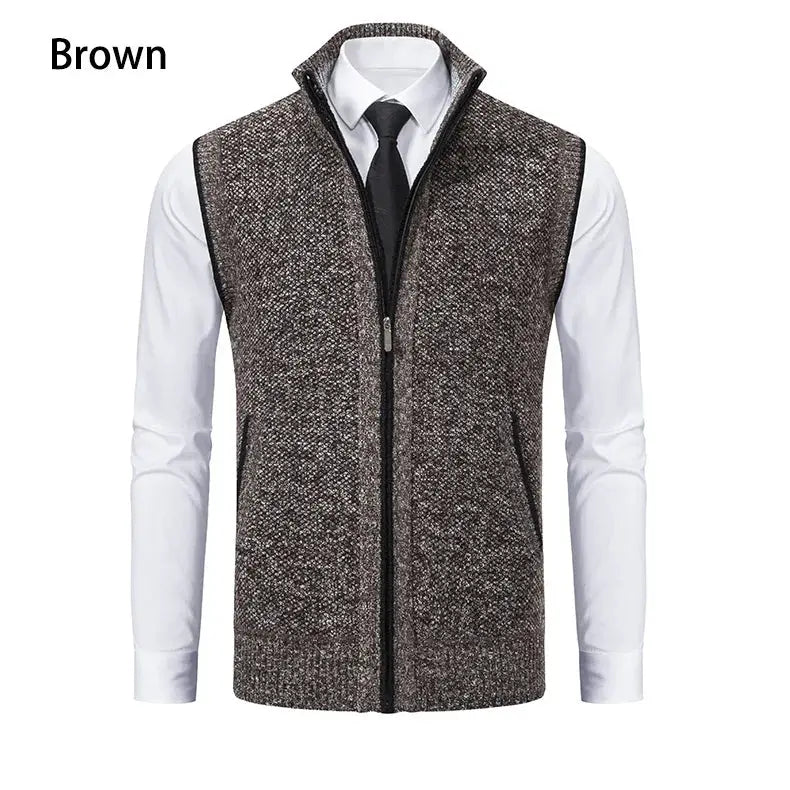 Men's brown knitted sleeveless zipper cardigan vest, Simples Market, stand-collar jacket