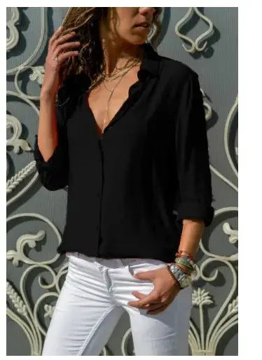 Autumn shirt for women by Simples Market: black polo-collar button-up loose-fit blouse