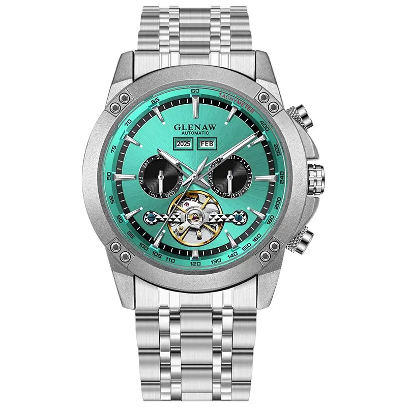 Glenaw automatic mechanical men's watch with teal dial and stainless steel bracelet