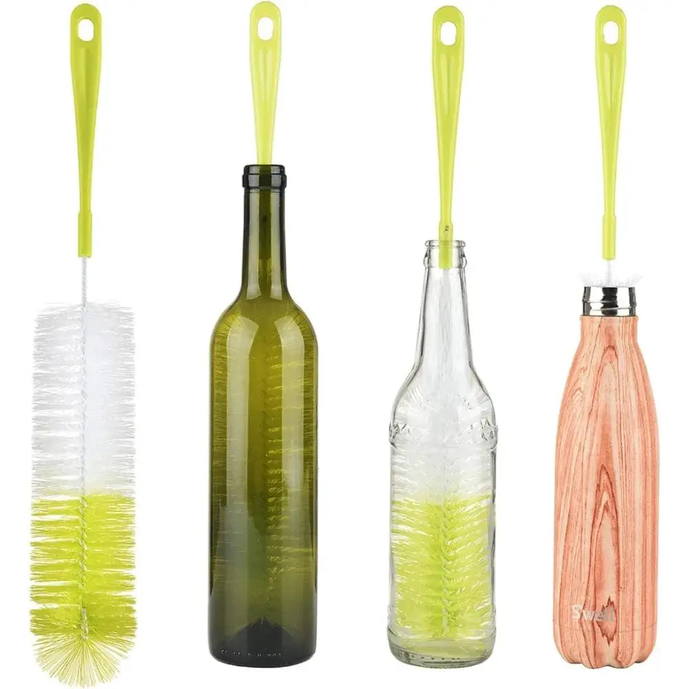 Simples Market 16-inch bottle brush cleaner with lime-green handle for long-neck wine/beer bottles; 4-piece set