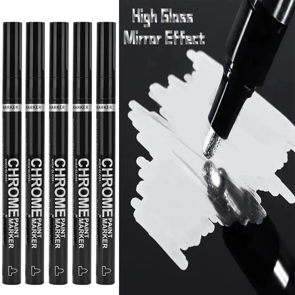 Chrome paint markers set of 5 by Simples Market, 2mm nib for glass, ceramic, and rock, high-gloss mirror finish