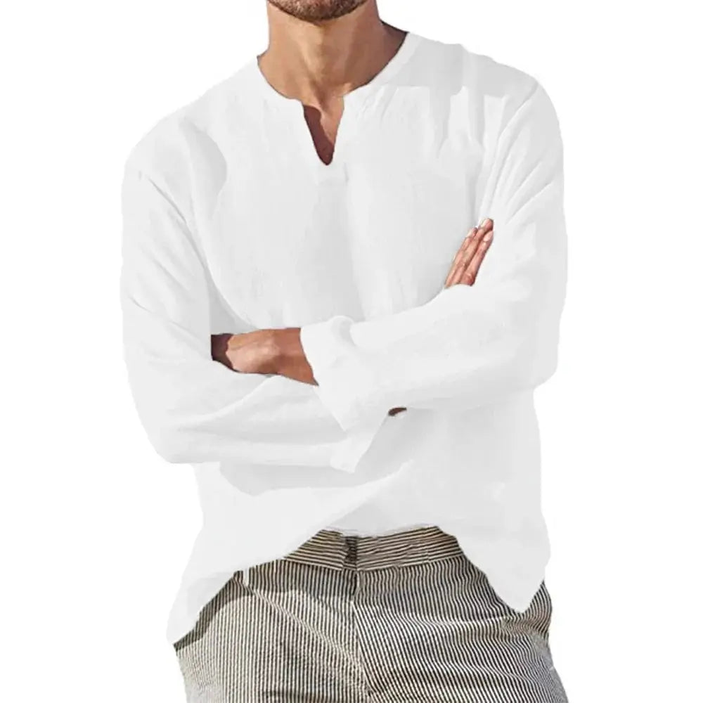 Men's Cotton Linen Shirt Cozy Solid Color Long Sleeve Breathable Tops V Neck Casual Blouse Hawaiian Shirt Lightweight Shirts