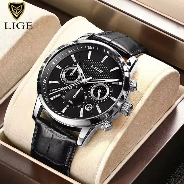 LIGE men's luxury chronograph watch with black dial, silver case and black leather strap, boxed set.