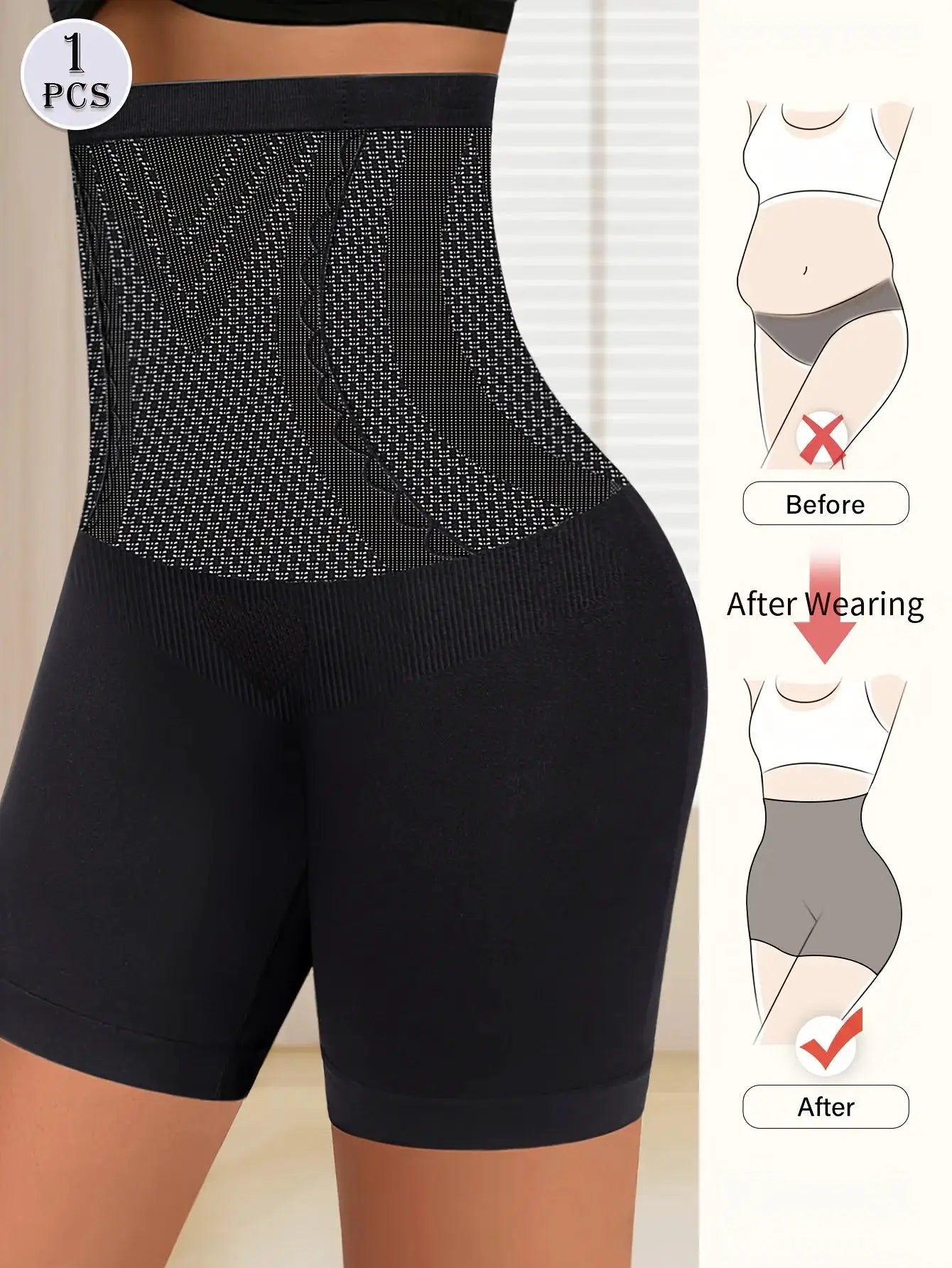 High-waist tummy-contouring seamless panties by Simples Market in black with mesh panels (1pc)