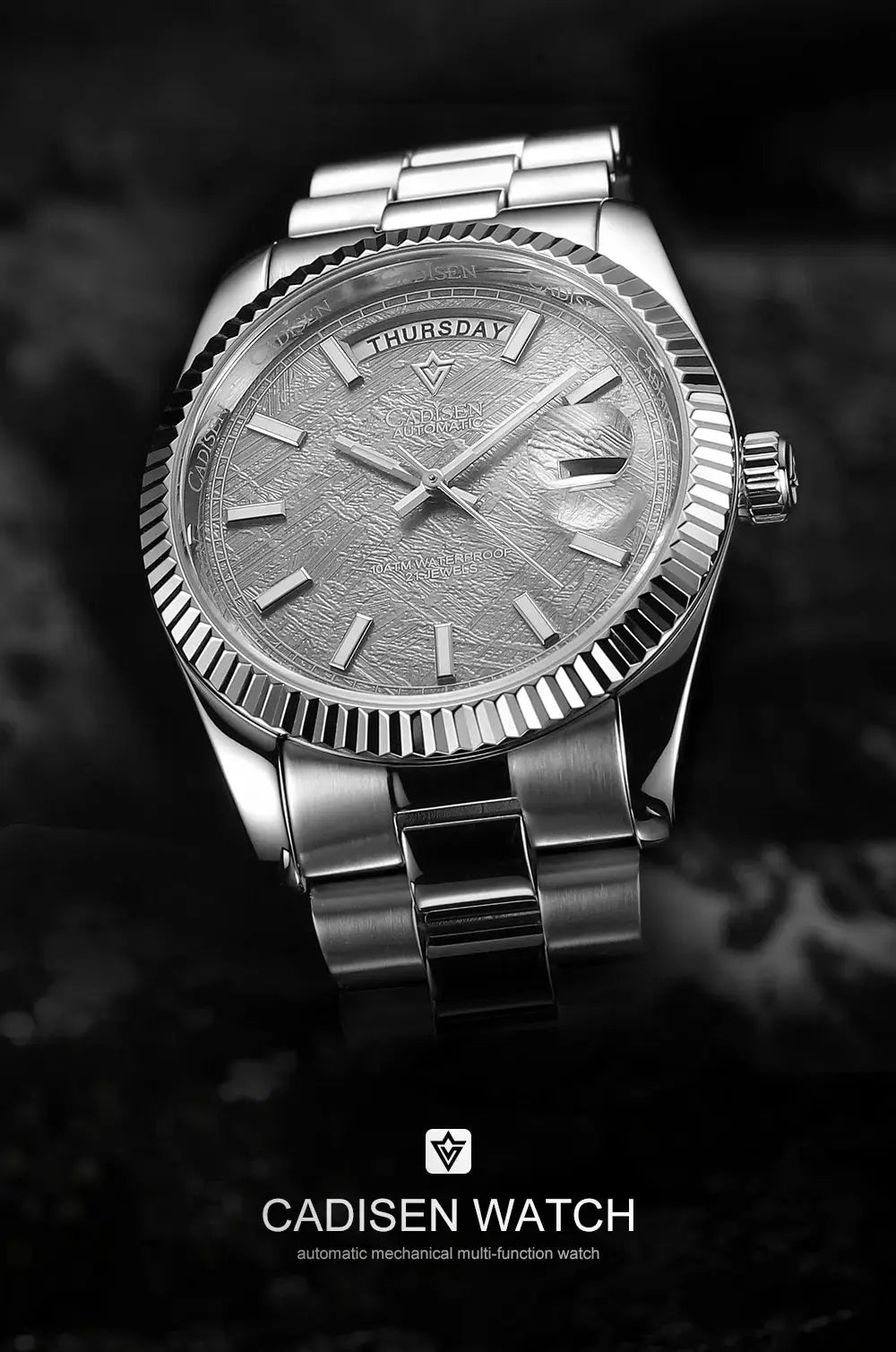 CADISEN DD40 men's stainless steel watch with textured silver dial and day window