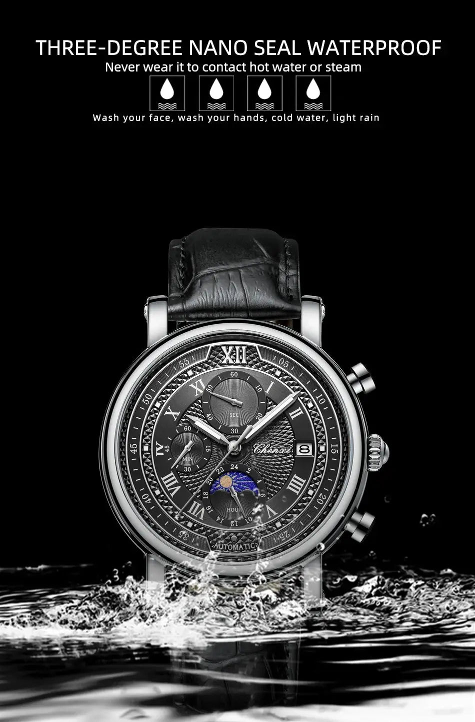 Watch Chenxi 976 leather chronograph with date and phase-of-the-moon dial, black strap, silver case.