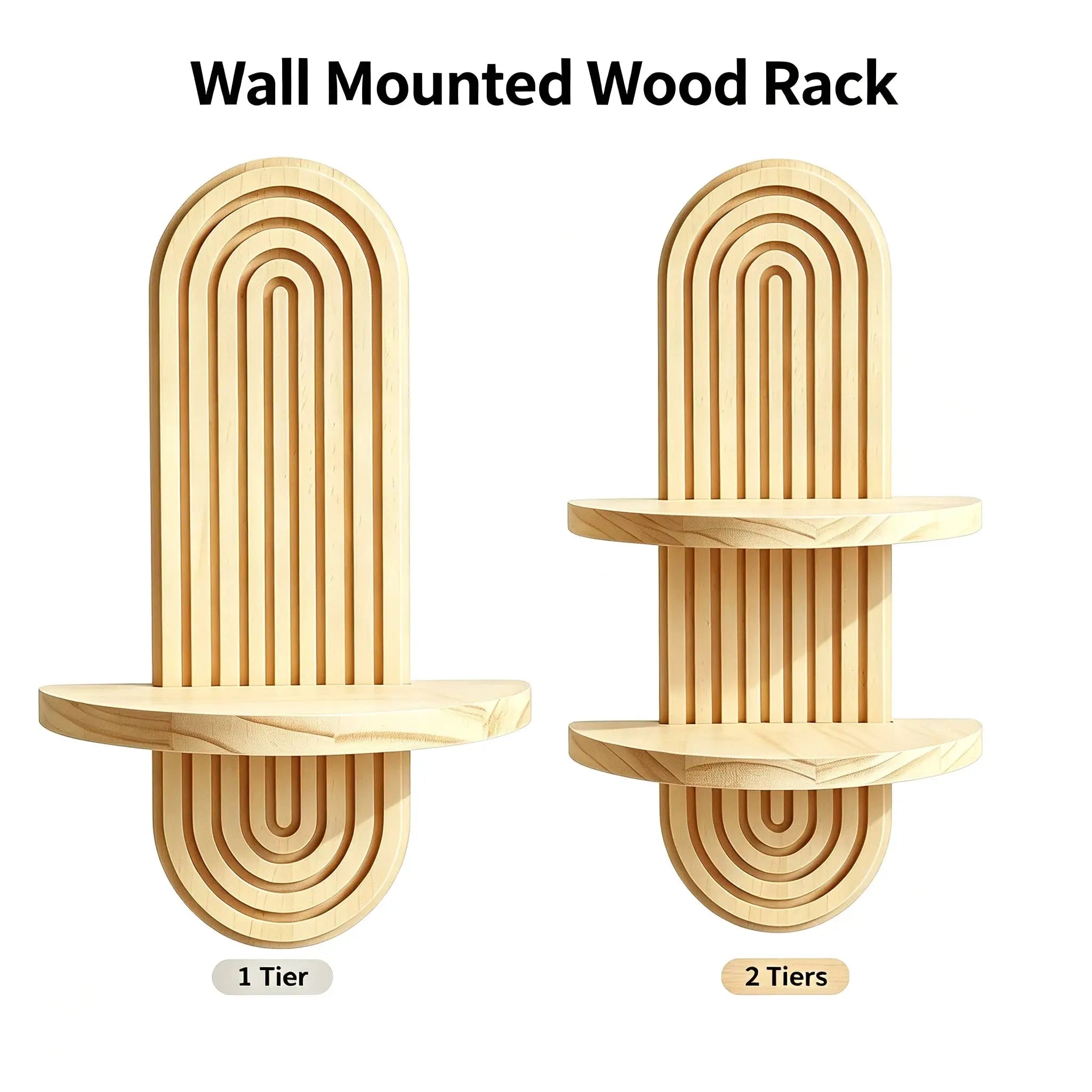 Wall-mounted wooden shelves with geometric concentric arch design in natural wood finish.