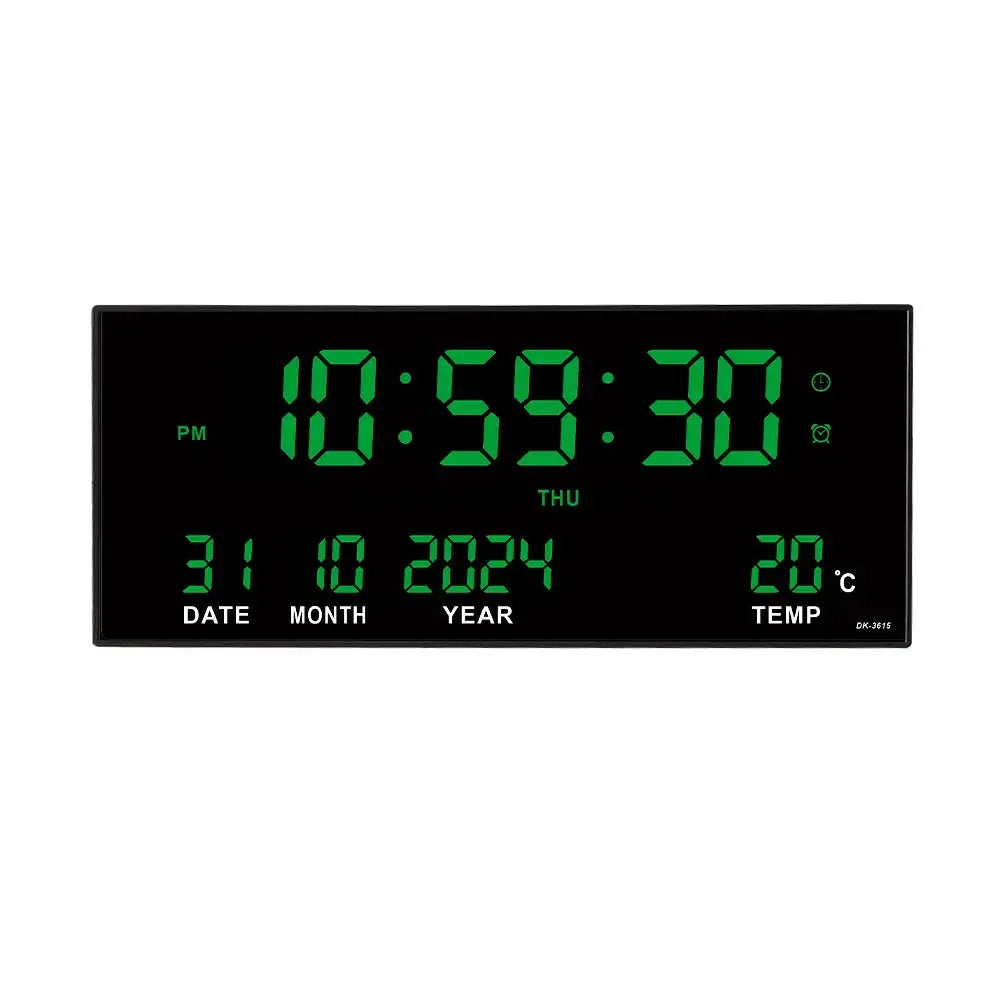 Digital 14-inch LED black wall clock with green display showing time, date, and temperature; plug-in by Simples Market.
