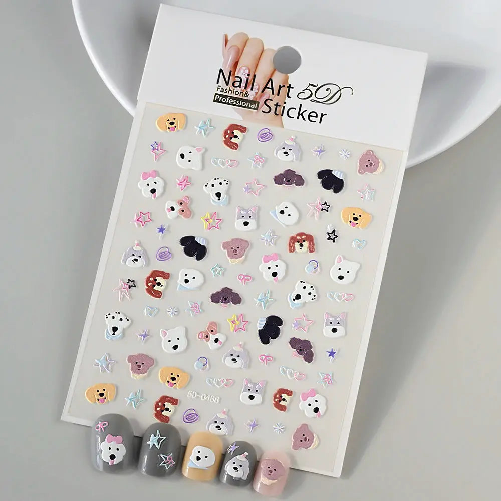 Nail art sticker sheet with 3D animal faces and stars in pastel colors for manicures.