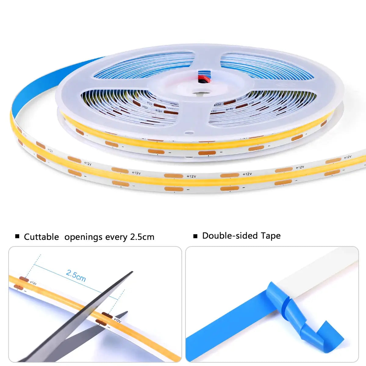 Under-cabinet COB LED strip light, dimmable and cuttable every 2.5 cm; includes double-sided tape.