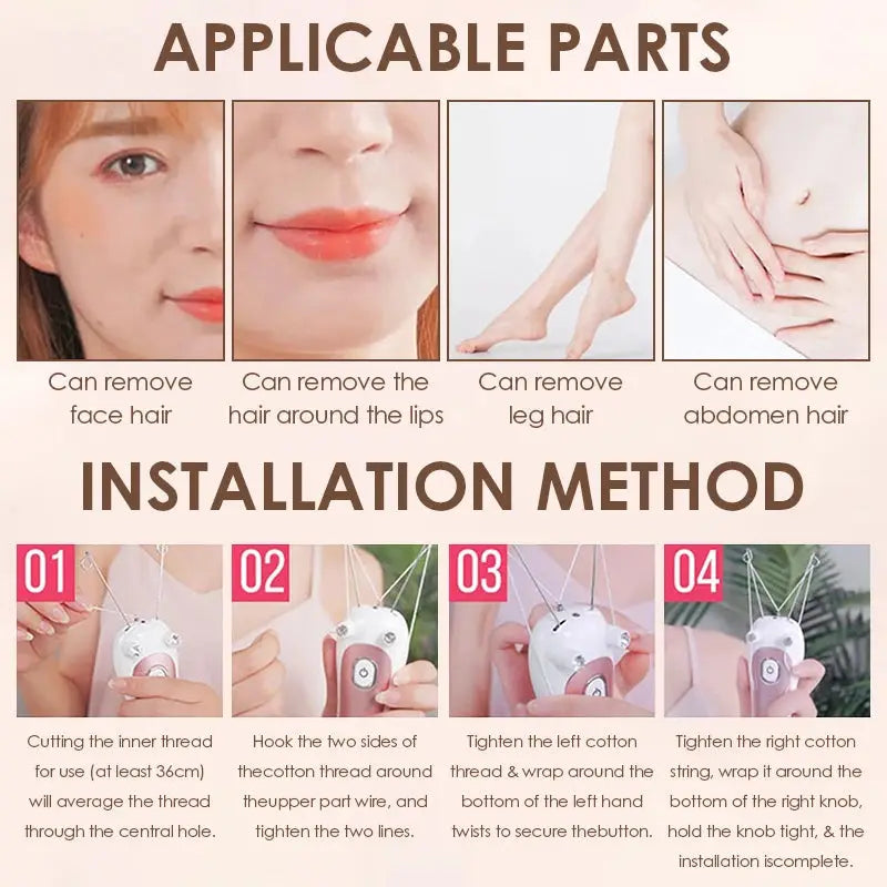 Electric threading epilator by Simples Market, portable, white and pink, for face, legs, arms, and body.