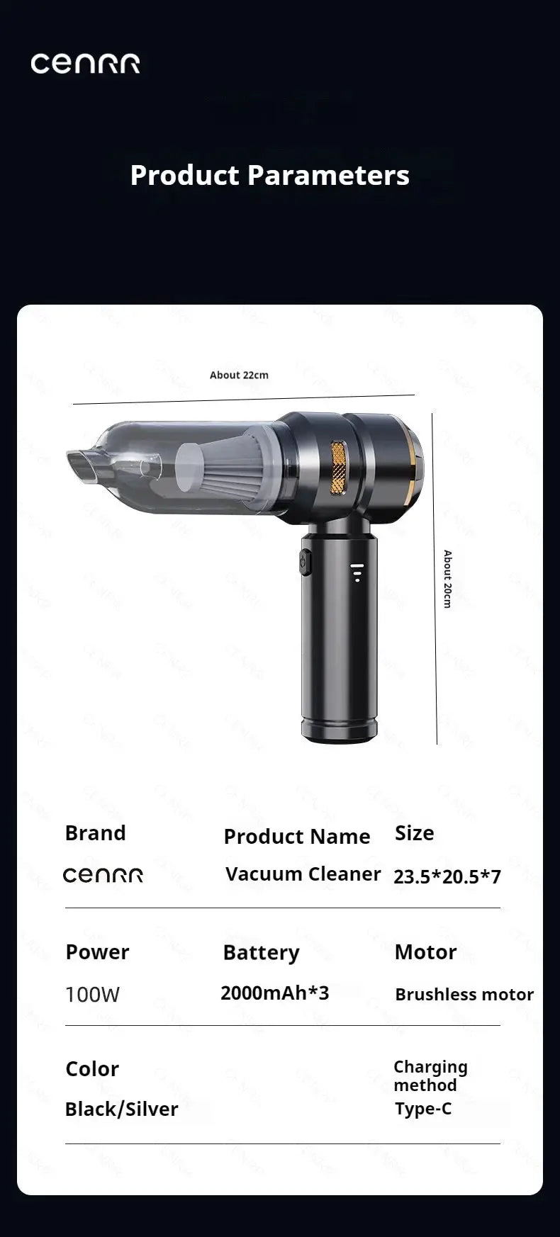 CENRR handheld car vacuum cleaner, black and silver, wireless, 100W, 2000mAh×3, Type-C charging
