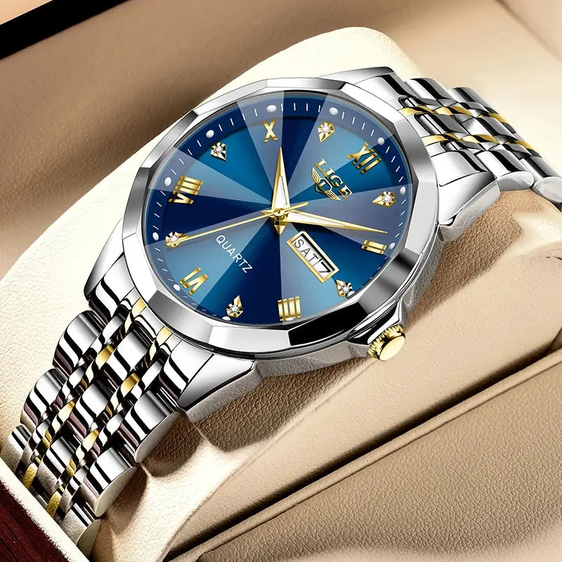 LIGE women's quartz watch with blue dial, gold-tone hands, crystal markers, two-tone stainless steel bracelet