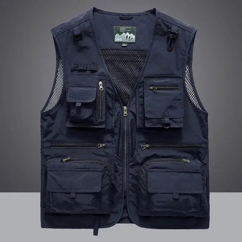 Men's navy multipocket quick-dry mesh fishing vest with zip pockets and mesh side panels